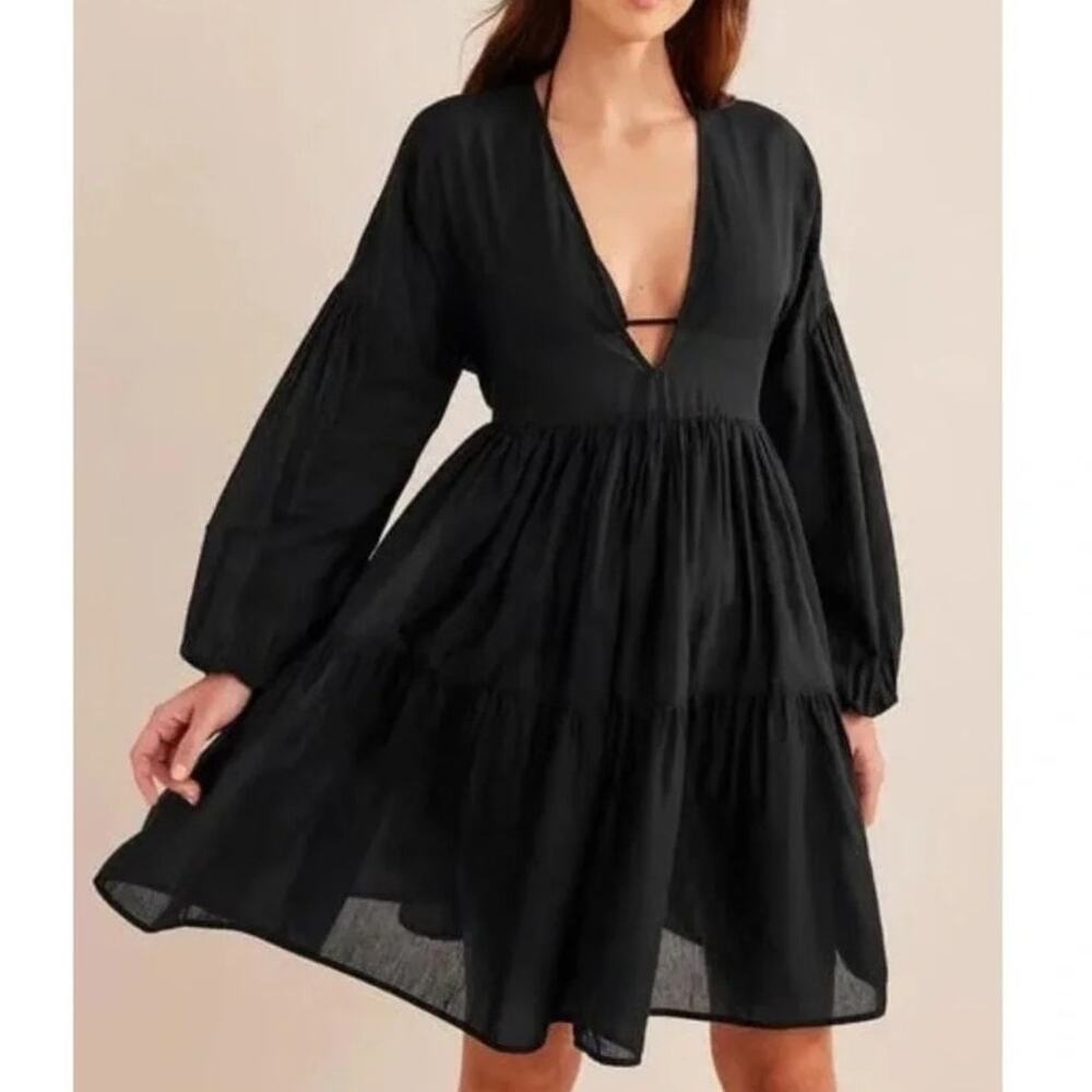 Boden Tiered Shift Dress V-Neck Balloon Sleeve Size 4 Black Boho Cottage Whimsy